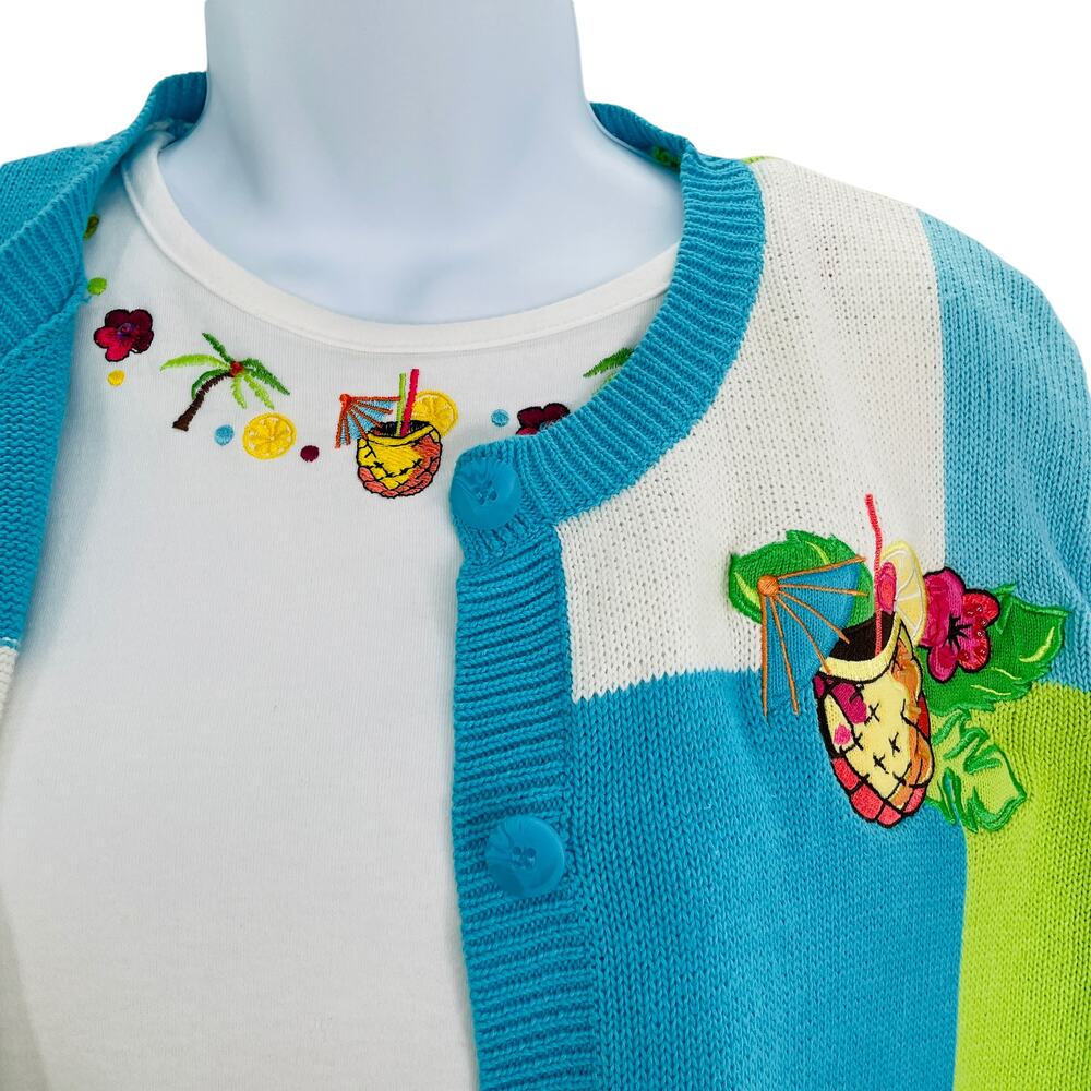 BRECKENRIDGE Blue Green White Tropical Drink Top & Cardigan Sweater Set S/M - Picture 2 of 12